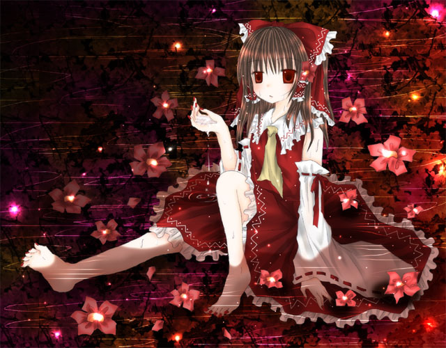 kasuga sunao, hakurei reimu, touhou, 1girl, arm support, bad anatomy, barefoot, bow, detached sleeves, female focus, flower, hair bow, looking at viewer, nail polish, poorly drawn, red nails, ribbon, sidelocks, sitting, solo, water