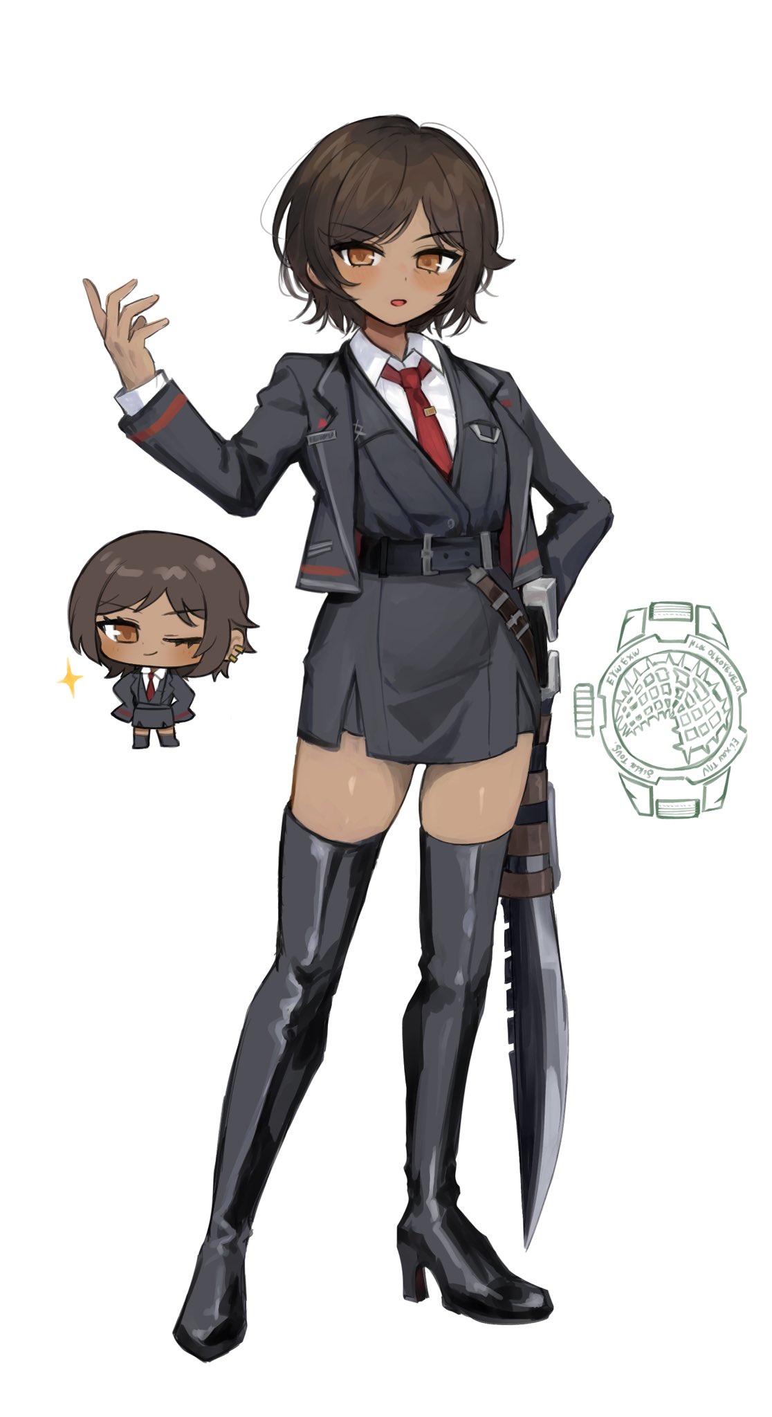 ro/ku, outis (project moon), limbus company, project moon, highres, 1girl, alternate costume, black boots, black jacket, black skirt, black vest, boots, breasts, brown eyes, brown hair, chibi, chibi inset, collared shirt, dark-skinned female, dark skin, full body, hand on own hip, jacket, long sleeves, looking at viewer, necktie, red necktie, shirt, short hair, simple background, skirt, solo, standing, thigh boots, vest, white background, white shirt