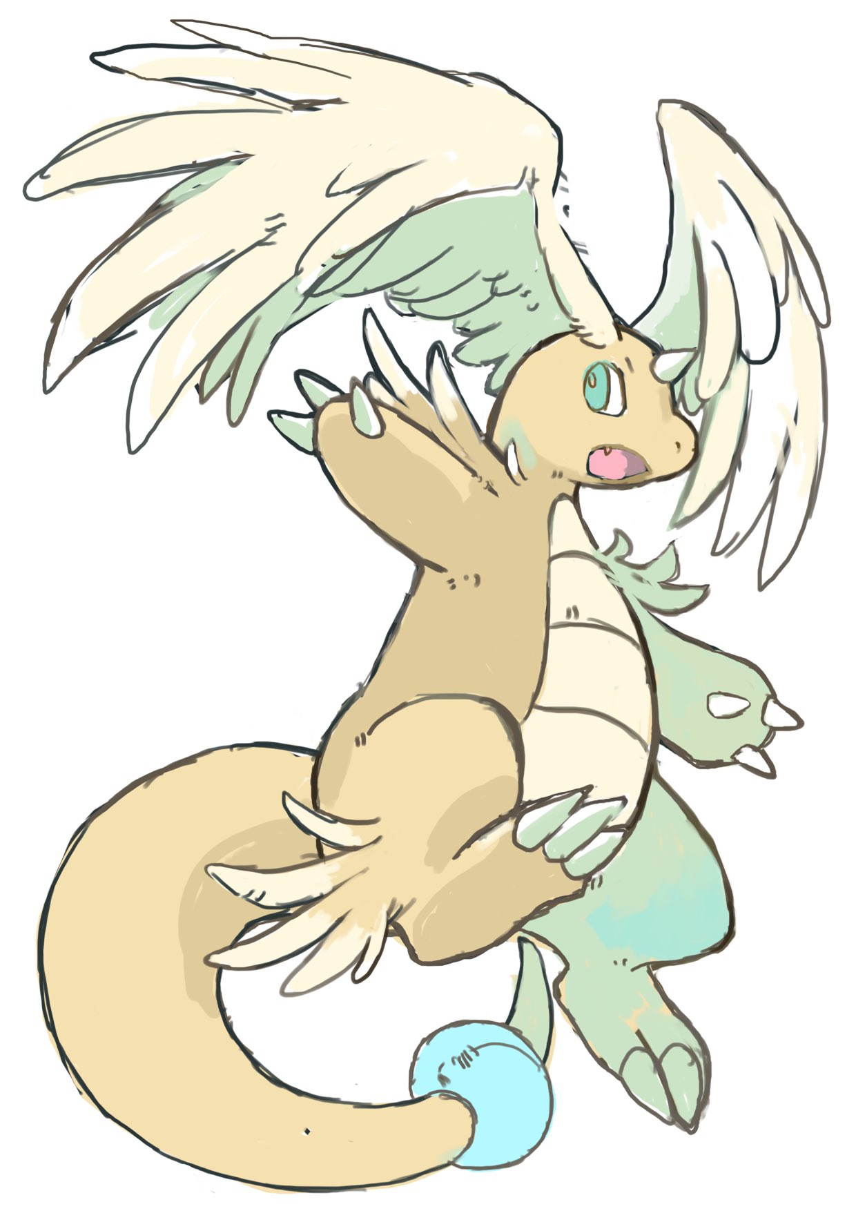 izumi asuka, dragonite, mega dragonite, nintendo, pokemon, pokemon legends: z-a, highres, claws, colored skin, dragon, feathered wings, full body, gen 1 pokemon, green eyes, head wings, horns, leg wings, mega pokemon, no humans, open mouth, orange skin, pokemon (creature), pokemon focus, simple background, single horn, solo, tail, white background, wings