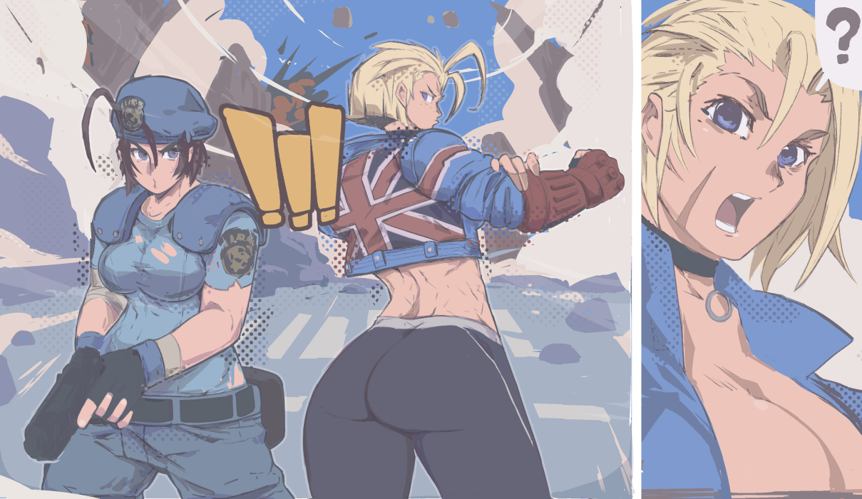7 passes, michel teru, cammy white, jill valentine, resident evil, street fighter, street fighter 6, ass, blonde hair, breasts, brown hair, crossover, explosion, huge ass, large breasts, pants, short hair