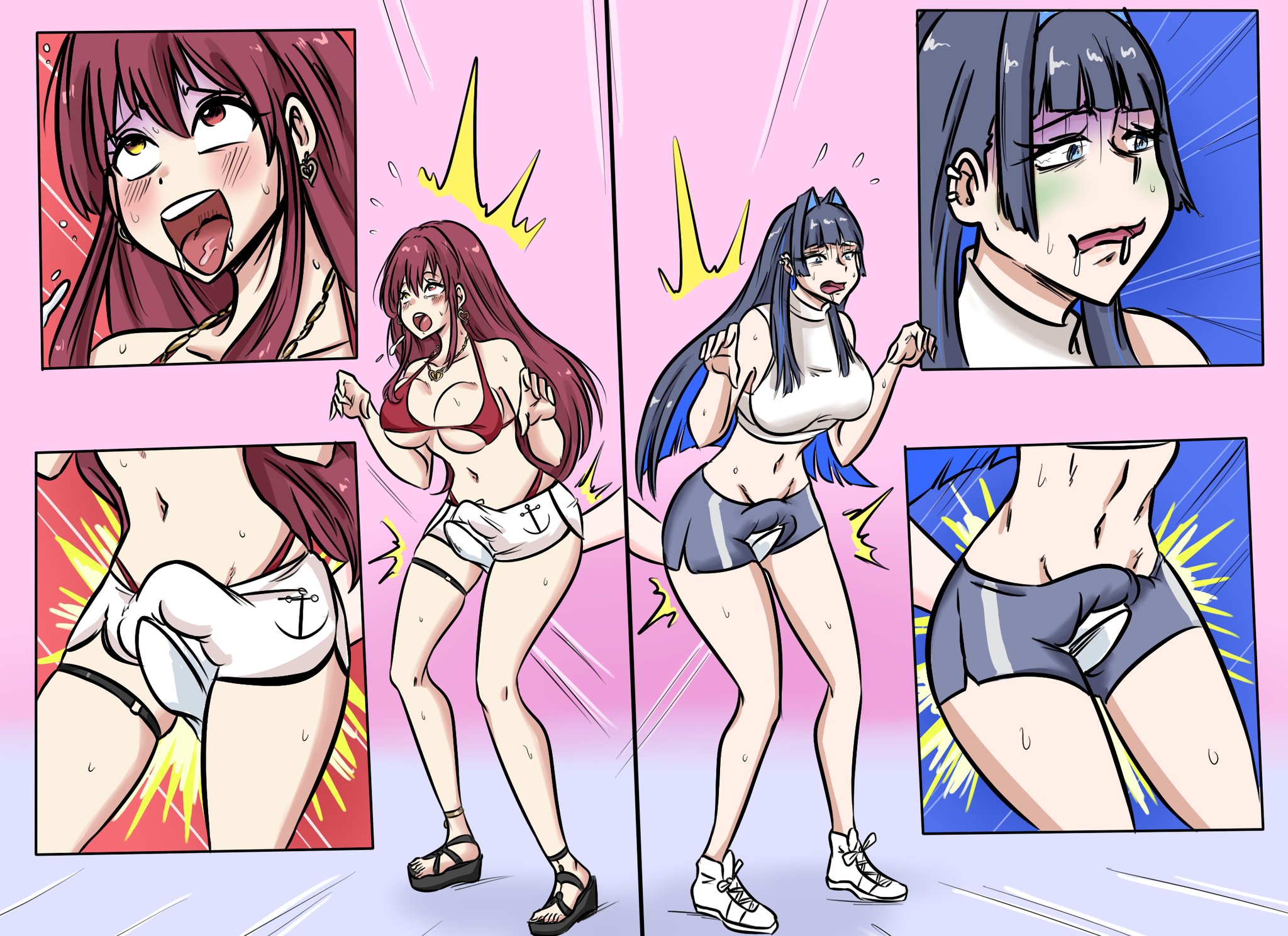 ocigart, 2futa, ball busting, bikini, bikini top only, blue hair, bulge, crop top, crotch kick, earrings, hair intakes, hip bones, jewelry, masochism, multiple futa, red hair, sandals, shirt, shoes, shorts, sneakers, tongue, tongue out, white shirt, white shorts