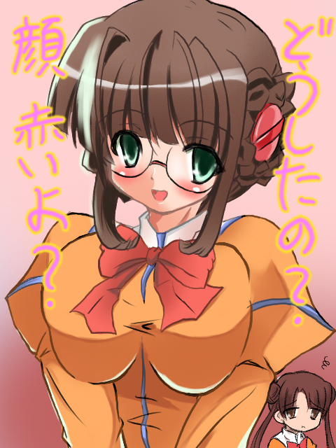 rikuto, fujisawa yayoi, fujisawa yayoi (uchuu no stellvia), uchuu no stellvia, 00s, 2girls, :d, blunt bangs, bow, bowtie, breasts, breasts squeezed together, brown hair, donut hair bun, green eyes, hair bun, juliet sleeves, large breasts, long sleeves, looking at viewer, multicolored hair, multiple girls, open mouth, orange shirt, parted bangs, puffy long sleeves, puffy sleeves, red bow, red bowtie, shirt, smile, solo focus, streaked hair, twintails, white hair