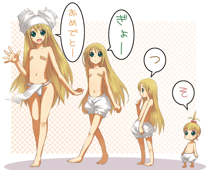 motofumi, original, translated, 1girl, age comparison, aged down, bandaid, bandaids on nipples, blonde hair, bloomers, flat chest, fundoshi, green eyes, japanese clothes, loincloth, loli, long hair, multiple persona, multiple views, object on head, panties, panties on head, pasties, topless female, underwear, white bloomers
