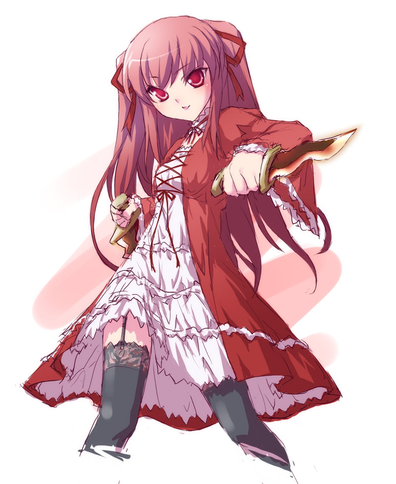 47agdragon, original, lace-trimmed legwear, 1girl, choker, dagger, dress, female focus, garter straps, hair ribbon, knife, lace, lace trim, long hair, pink eyes, pink hair, ribbon, solo, thighhighs, twintails, weapon