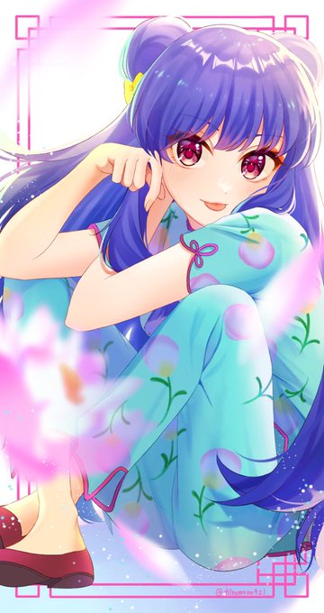 shampoo (ranma 1/2), ranma 1/2, 1girl, cherry blossoms, chinese clothes, double bun, eyeshadow, hair bun, long hair, makeup, purple hair, red eyes, sidelocks