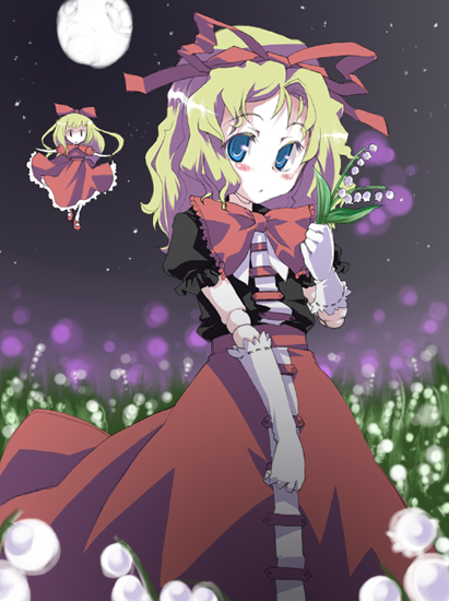 gengorou, hong meiling, medicine melancholy, su-san, touhou, 1girl, adapted costume, blonde hair, blue eyes, blush, bow, bowtie, colored eyelashes, cowboy shot, doll, doll joints, dress, elbow gloves, female focus, flying, full moon, gloves, joints, looking at viewer, moon, puffy short sleeves, puffy sleeves, red bow, red bowtie, red dress, short hair, short sleeves, size difference, solo, star (sky), wavy hair, white gloves