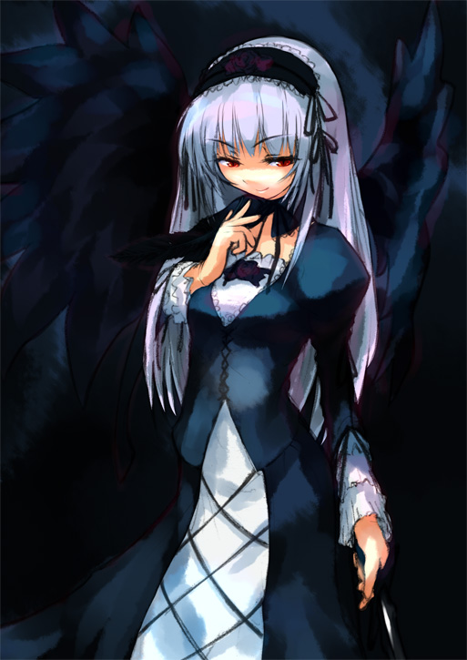 negy, suigintou, rozen maiden, silver hair, >:), 00s, 1girl, arm at side, collarbone, cowboy shot, cross-laced clothes, detached collar, dress, expressionless, feathers, female focus, finger to mouth, frills, hairband, index finger raised, juliet sleeves, lolita hairband, long hair, long sleeves, looking at viewer, puffy sleeves, red eyes, solo, standing, v-shaped eyebrows, very long hair