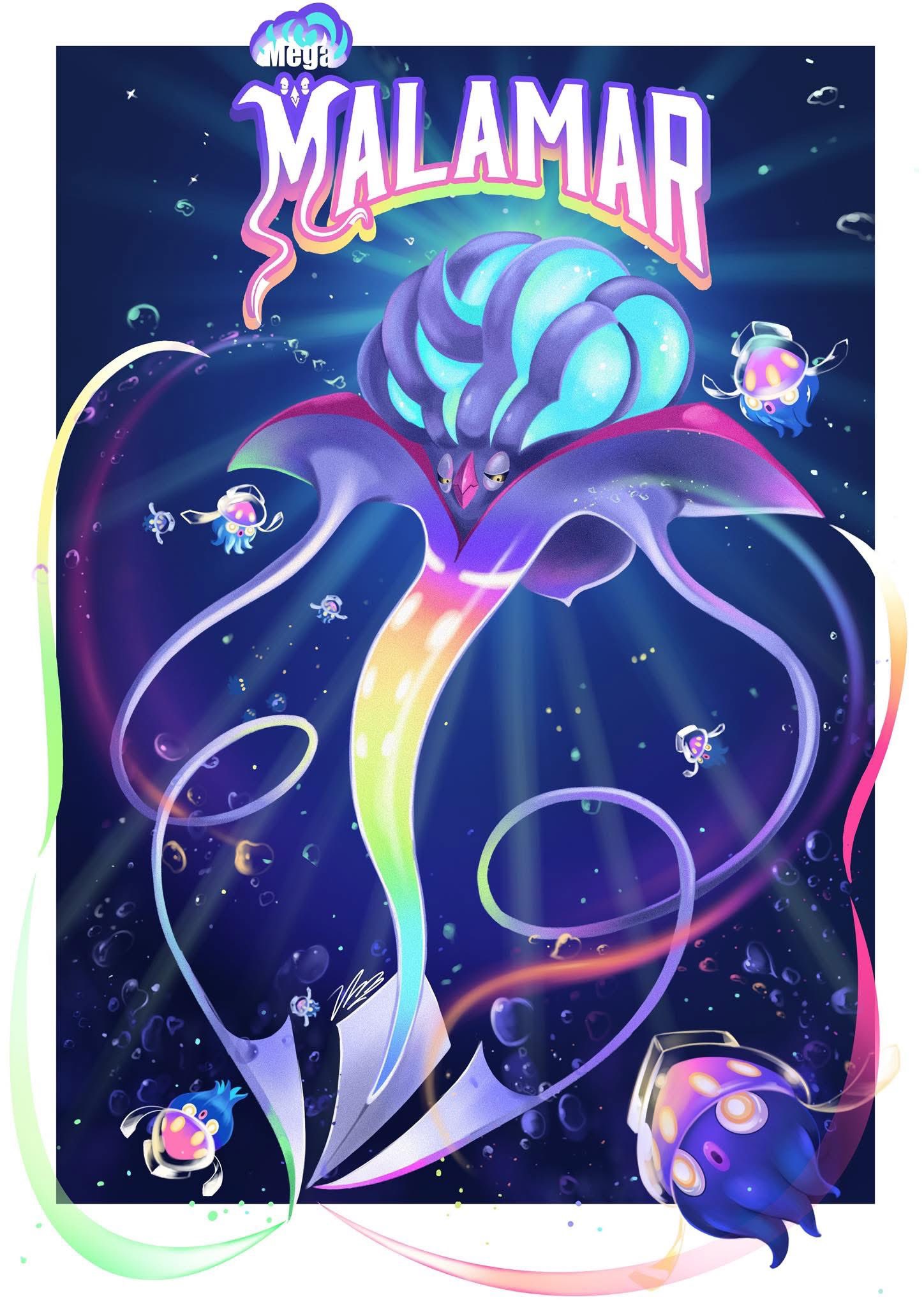 blawn z, inkay, malamar, mega malamar, nintendo, pokemon, highres, 6+others, :o, black sclera, character name, closed mouth, colored sclera, full body, gen 6 pokemon, looking at viewer, mega pokemon, multiple boys, multiple girls, multiple others, narrowed eyes, night, night sky, no humans, pokemon (creature), pokemon focus, sky, tentacles, title, yellow eyes