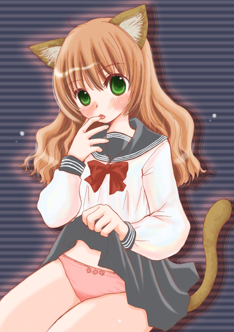 yuririn, original, animal ears, cat ears, cat tail, clothes lift, panties, school uniform, serafuku, skirt, skirt lift, solo, tail, underwear