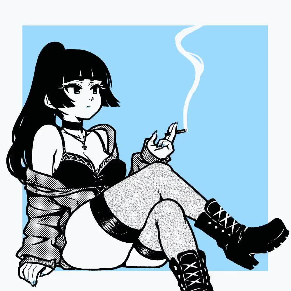 akairiot, animated, tagme, video, 1girl, boots, choker, cigarette, jacket, jacket partially removed, lace-up boots, sitting, smoking, thighhighs