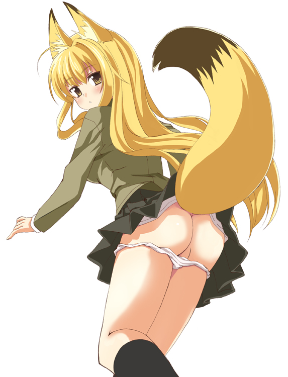 date (senpen), animal ears, fox ears, panties, panty pull, school uniform, serafuku, tail, underwear
