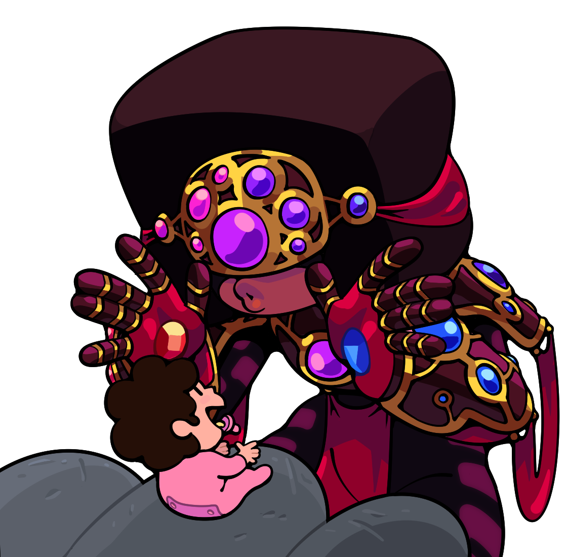 discount-supervillain, garnet (steven universe), steven quartz universe, steven universe, 1boy, 1girl, afro, baby, black hair, blue gemstone, colored skin, dark-skinned female, dark skin, gem, gem (steven universe), lips, purple gemstone, red gemstone, red skin, short hair, toon (style)