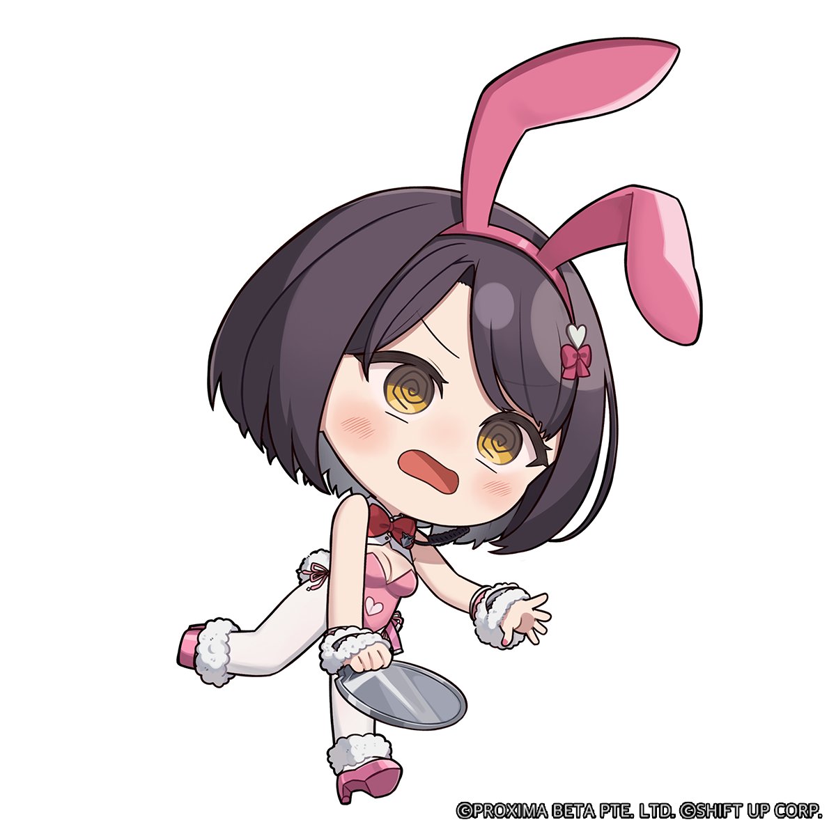 totatokeke, milk (blooming bunny) (nikke), milk (nikke), goddess of victory: nikke, commentary, english commentary, highres, official art, 1girl, @ @, animal ears, bow, bowtie, breasts, brown hair, chibi, clothing cutout, fake animal ears, heart cutout, high heels, holding, holding tray, leotard, light blush, medium breasts, medium hair, nail polish, no nose, open mouth, pantyhose, pink nails, pink shoes, playboy bunny, red bow, red bowtie, shoes, solo, standing, standing on one leg, strapless, strapless leotard, traditional bowtie, tray