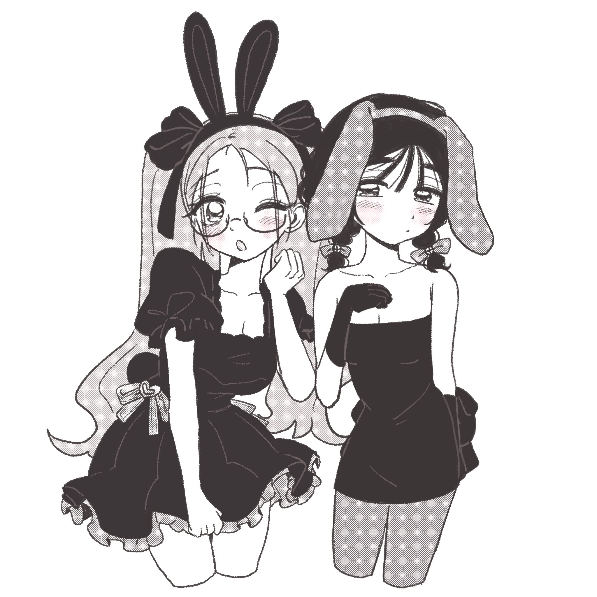 coldmeow, mizi (alien stage), sua (alien stage), alien stage, commentary, highres, symbol-only commentary, 2girls, animal ears, bow, braid, cosplay, costume switch, cropped legs, dress, fake animal ears, gloves, greyscale, hair bow, monochrome, multiple girls, multiple hair bows, official alternate costume, pantyhose, puffy short sleeves, puffy sleeves, rabbit ears, short sleeves, strapless, strapless dress, twin braids, two side up