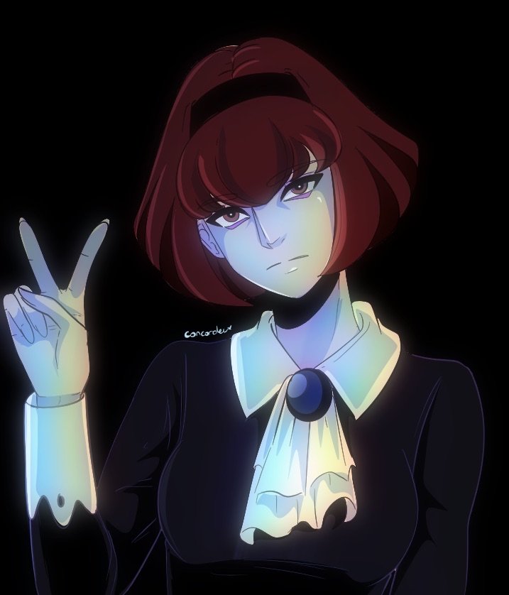 megadeus mommy, r dorothy wayneright, the big o, 1girl, android, ascot, black dress, black eyes, black hairband, bob cut, closed mouth, dress, expressionless, hairband, jewelry, long sleeves, looking at viewer, pale skin, red hair, short hair, solo, white ascot