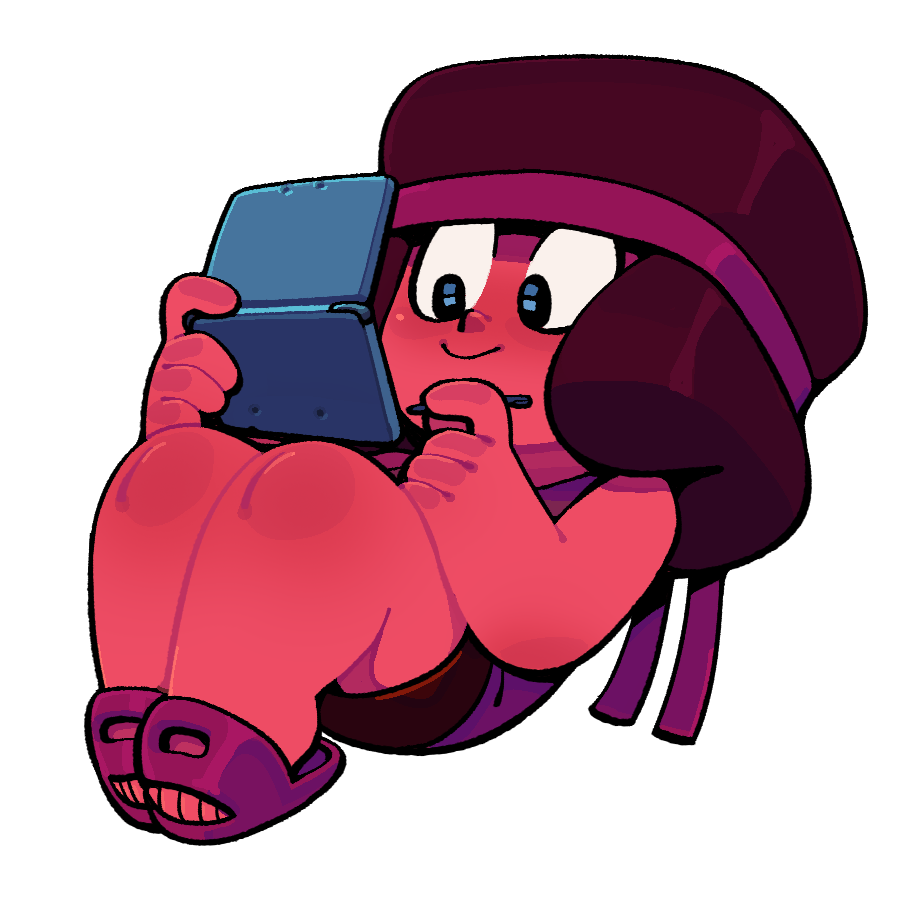 discount-supervillain, ruby (steven universe), nintendo, steven universe, afro, colored skin, full body, gem (steven universe), handheld game console, headband, nintendo 3ds, red skin, ruby (species) (steven universe), simple background, smile, tomboy, toon (style)
