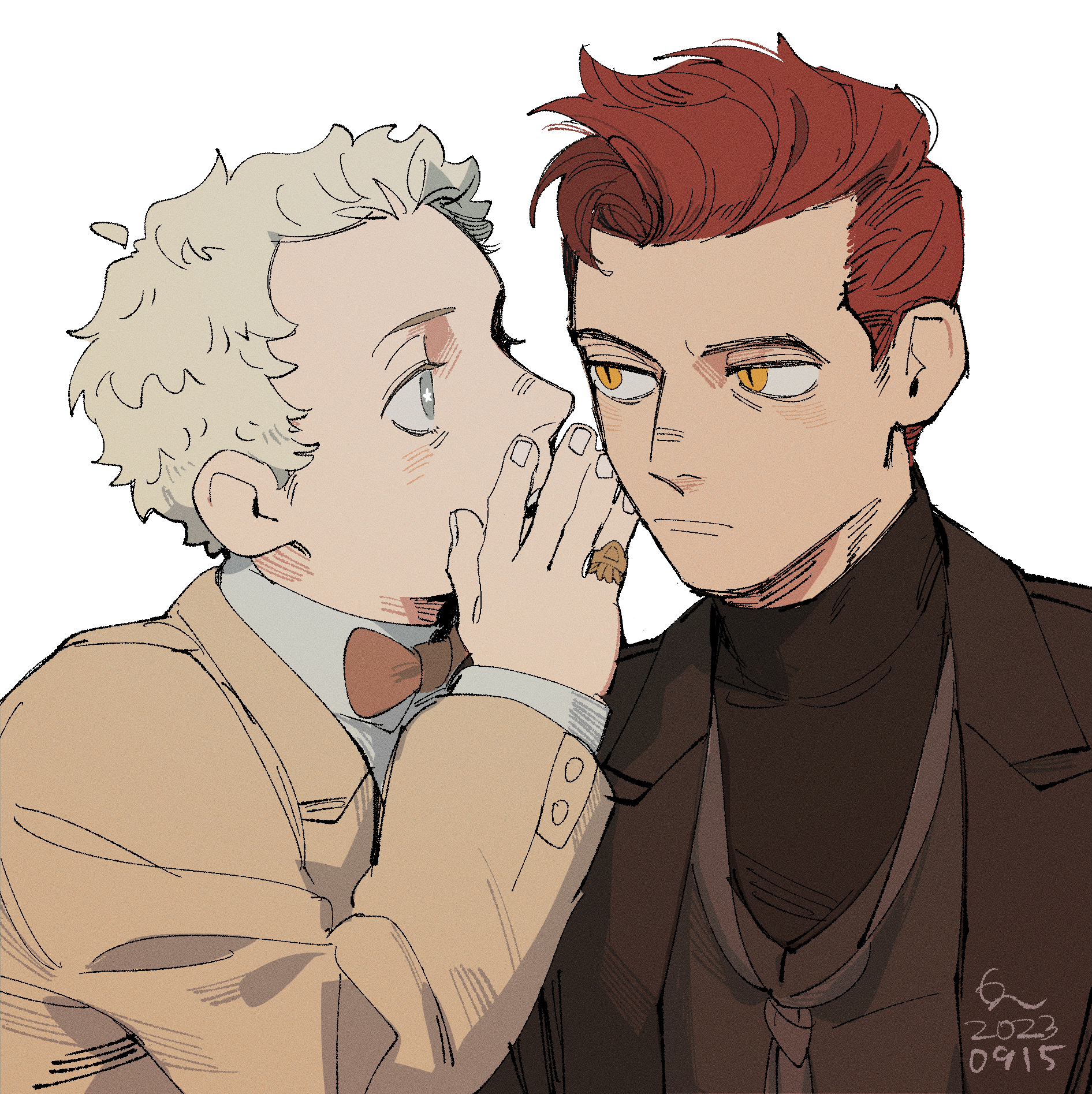 erm nkcn, aziraphale (good omens), crowley (good omens), good omens, highres, 2boys, brown jacket, brown shirt, closed mouth, jacket, jewelry, long sleeves, looking at another, male focus, multiple boys, red hair, ring, shirt, short hair, simple background, slit pupils, whispering in ear, white background, white hair