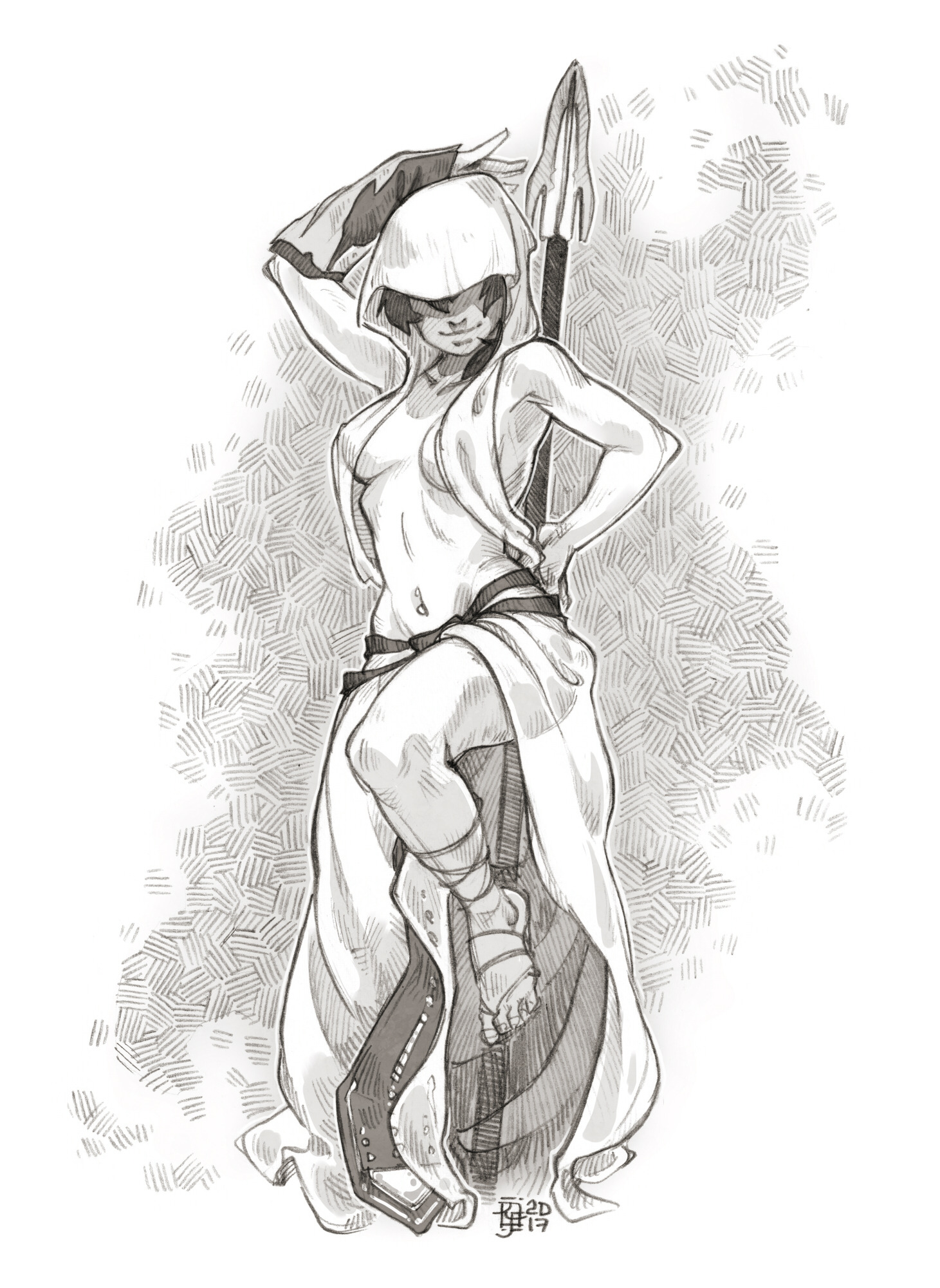 ryouhiko ankuu, e.y.e: divine cybermancy, commentary, english commentary, highres, arm over head, artist logo, breast curtains, breasts, circe (e.y.e: divine cybermancy), dancer, dancing, dated, full body, hand on own hip, hood over eyes, hooded dress, knee up, leaning on object, logo, medium breasts, medium hair, monochrome, navel, navel piercing, piercing, pole dancing, polearm, revealing clothes, sandals, simple background, sketch, smile, spear, weapon, white background, woven hatching