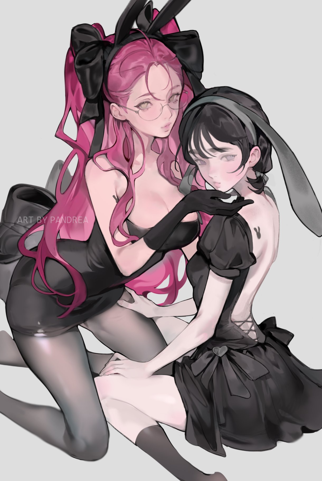 pandrea, mizi (alien stage), sua (alien stage), alien stage, commentary, highres, 2girls, arm tattoo, artist name, back bow, back tattoo, backless dress, backless outfit, black bow, black dress, black gloves, black hair, bow, breasts, dress, glasses, gloves, grey bow, grey eyes, grey pantyhose, hair bow, long hair, low twintails, multiple girls, multiple hair bows, official alternate costume, pantyhose, pink hair, rabbit tattoo, short sleeves, sitting, strapless, strapless dress, tattoo, twintails, two side up, very long hair, yellow eyes, yuri
