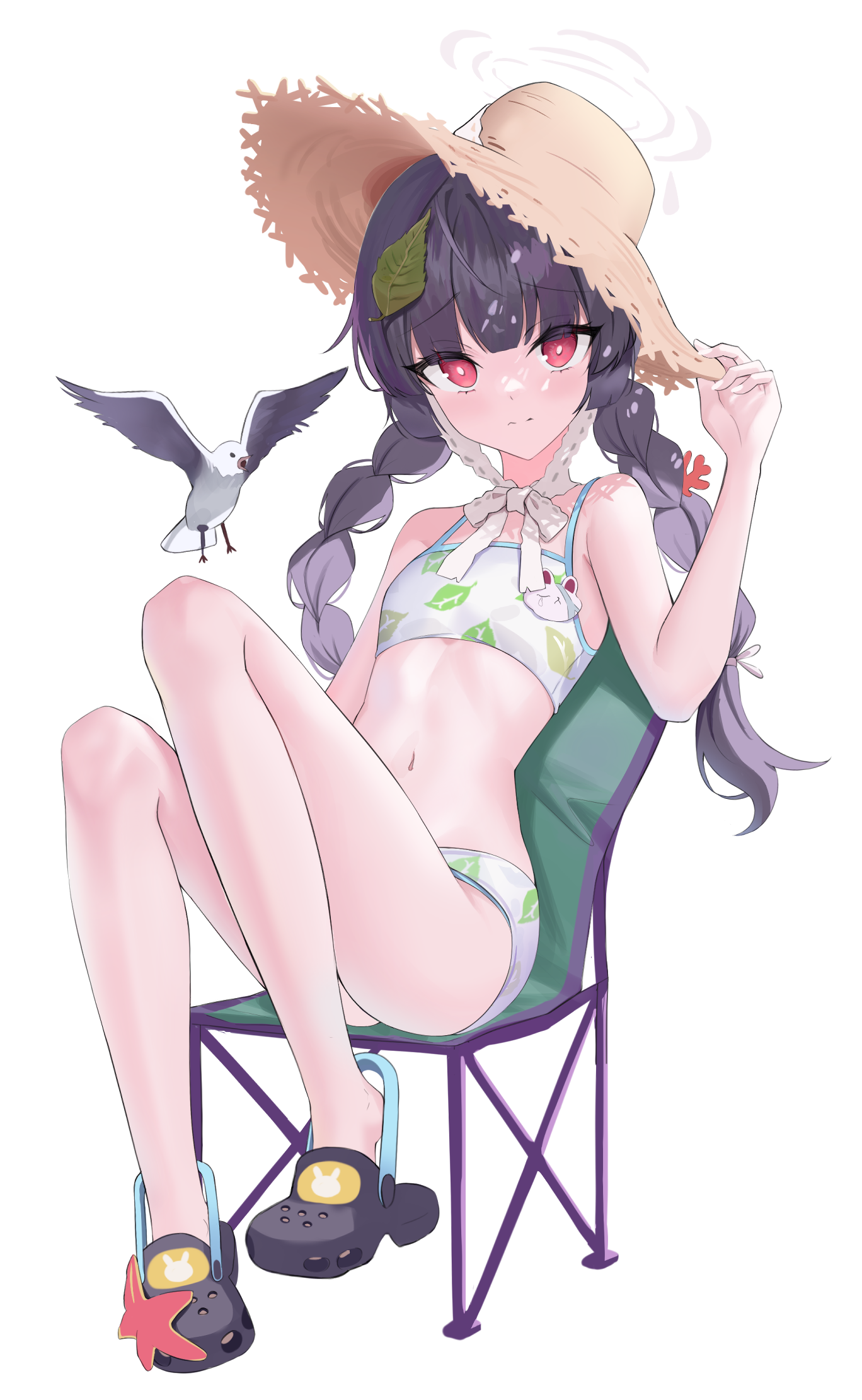 gyuu, miyu (blue archive), miyu (swimsuit) (blue archive), blue archive, commentary, highres, 1girl, 3:, bikini, bird, black hair, blunt bangs, blush, braid, bright pupils, chair, closed mouth, crocs, eyelashes, eyes visible through hair, flat chest, frown, full body, furrowed brow, grey halo, halo, hand on headwear, hand up, hat, knees up, leaf, leaf on head, leaf print, long hair, looking at viewer, low twintails, navel, official alternate costume, official alternate hairstyle, on chair, print bikini, red eyes, seagull, simple background, sitting, solo, split mouth, starfish, stomach, straw hat, swimsuit, thighs, transparent background, tsurime, twin braids, twintails, white bikini, white pupils