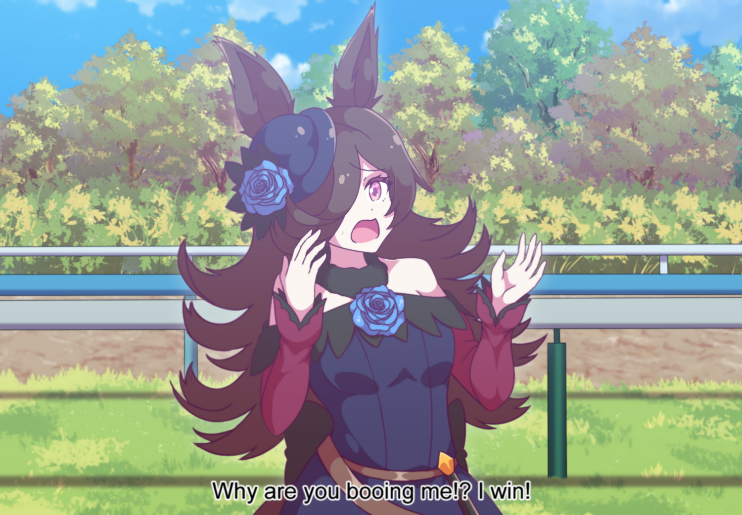 neferkitty, rice shower (rosy dreams) (umamusume), rice shower (umamusume), the eric andre show, umamusume, 1girl, animal ears, blue flower, blue rose, brown hair, dress, fake subtitles, flipped hair, flower, hair over one eye, hat, hat flower, horse ears, horse girl, horse tail, long hair, meme, off-shoulder dress, off shoulder, purple eyes, rose, solo, tail, tilted headwear