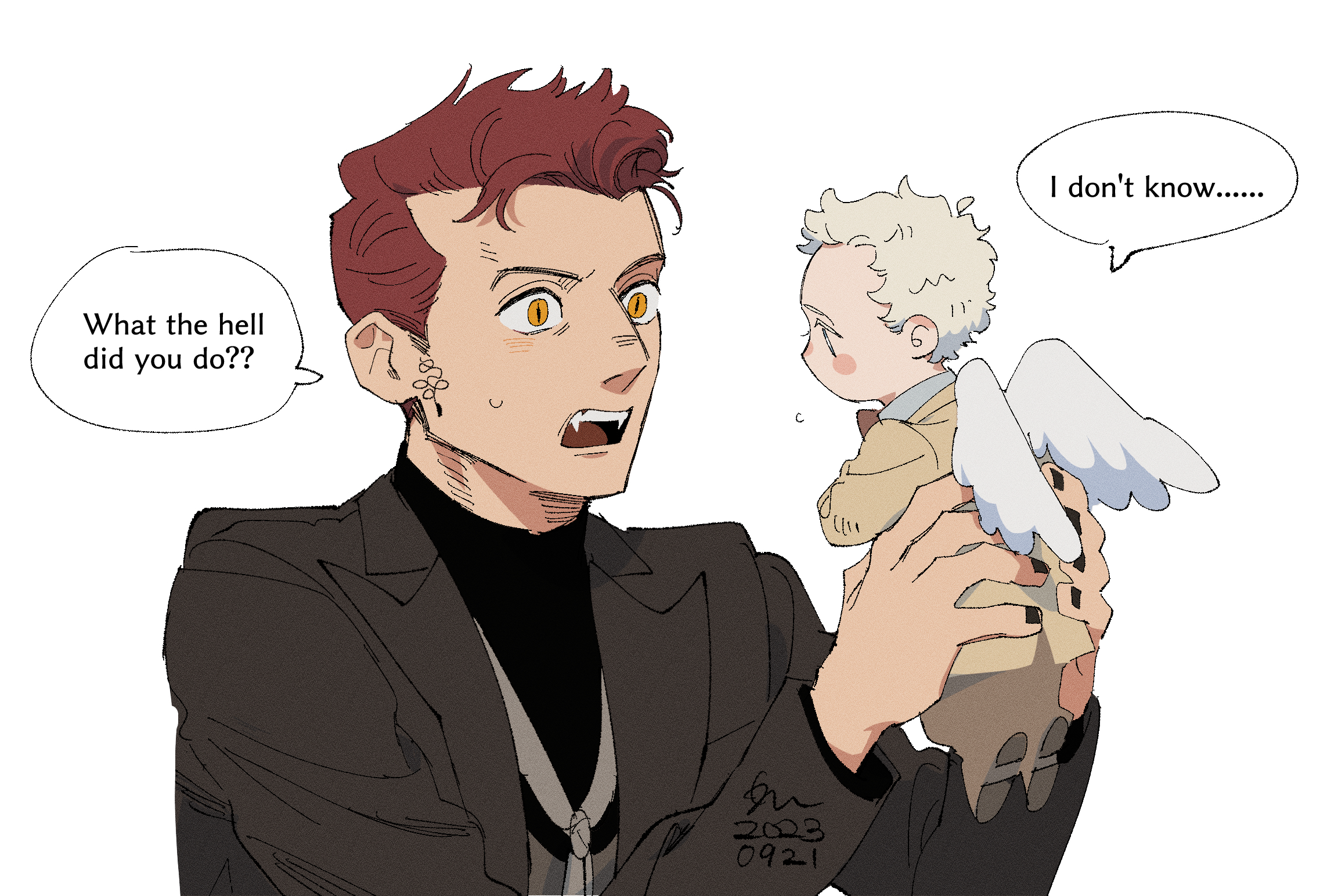 erm nkcn, aziraphale (good omens), crowley (good omens), good omens, highres, 2boys, black shirt, english text, fangs, grey jacket, holding, holding mini person, jacket, looking at another, male focus, mini person, miniboy, multiple boys, open mouth, orange eyes, red hair, shirt, short hair, simple background, slit pupils, speech bubble, white background, white hair, wings