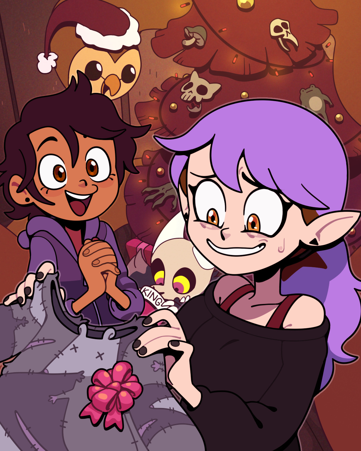 discount-supervillain, amity blight, hooty (the owl house), king clawthorne, luz noceda, the owl house, highres, 2girls, brown eyes, brown hair, christmas, christmas tree, dark-skinned female, dark skin, earrings, hat, jewelry, multiple girls, open mouth, pointy ears, purple hair, santa hat, skull, smile, toon (style)