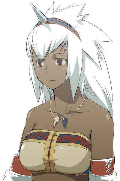 kyo (kuroichigo), capcom, monster hunter (series), 1girl, bandeau, brown eyes, dark-skinned female, dark skin, female focus, hairband, horns, kirin (armor), single horn, solo, strapless, tube top, white hair