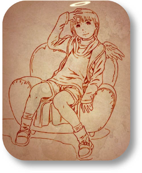 aaru sentou shuudan, kuu (haibane renmei), haibane renmei, 00s, 1girl, female focus, monochrome, orange theme, rounded corners, shorts, solo