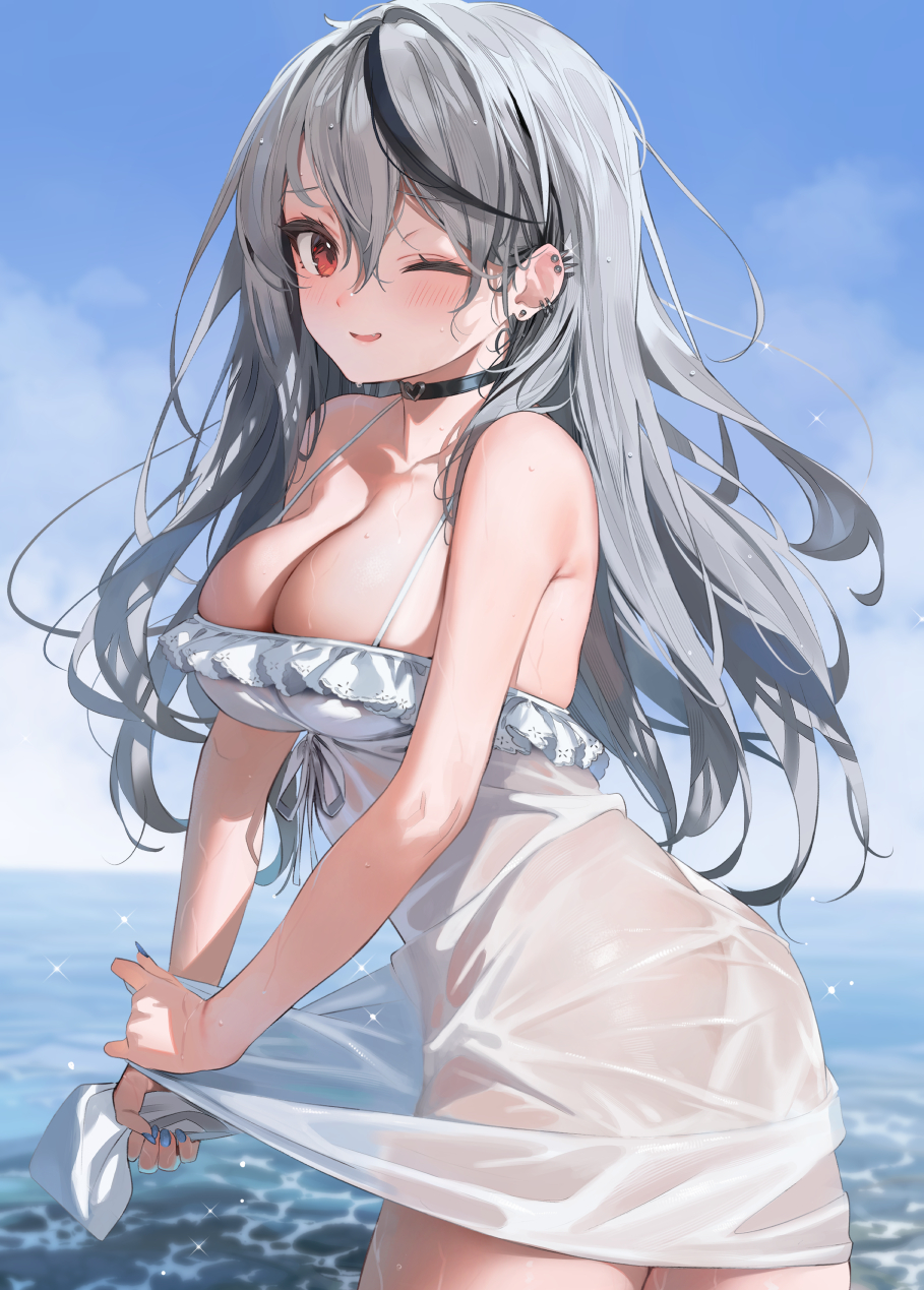 parsley-f, sakamata chloe, hololive, 1girl, bare arms, dress, grey hair, ocean, one eye closed, see-through clothes, see-through dress, solo, virtual youtuber, white dress, wringing clothes