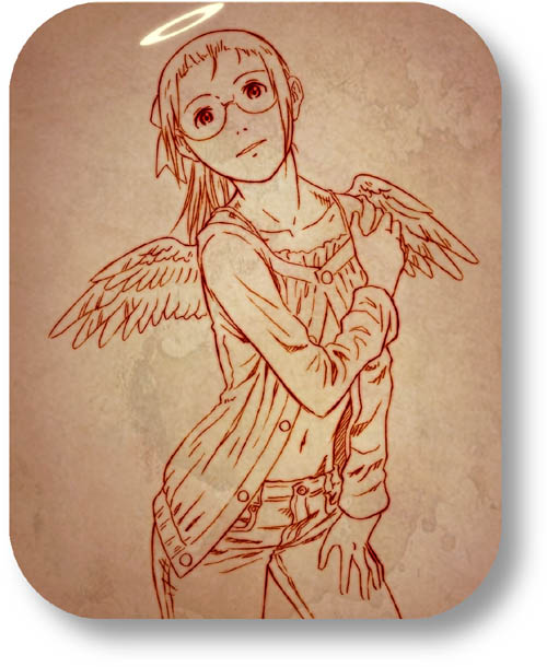 aaru sentou shuudan, hikari (haibane renmei), haibane renmei, 00s, 1girl, bow, denim, female focus, glasses, hair bow, halo, jeans, long hair, midriff, monochrome, navel, orange theme, pants, ponytail, rounded corners, solo, traditional halo, wings