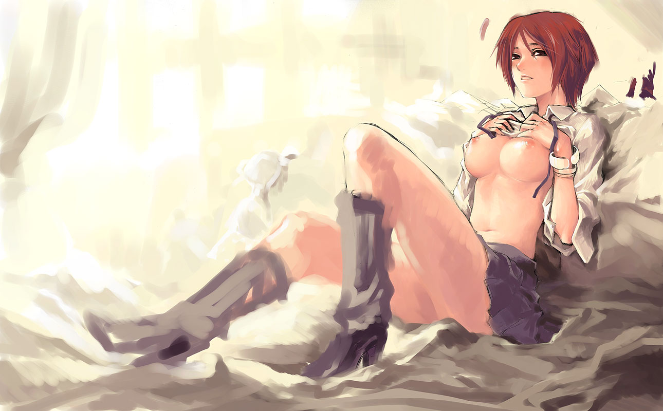 patipat asavasena, patipatasavasena, original, 1girl, boots, breasts, brown eyes, clothes lift, female focus, legs, nipples, red hair, shirt lift, short hair, solo