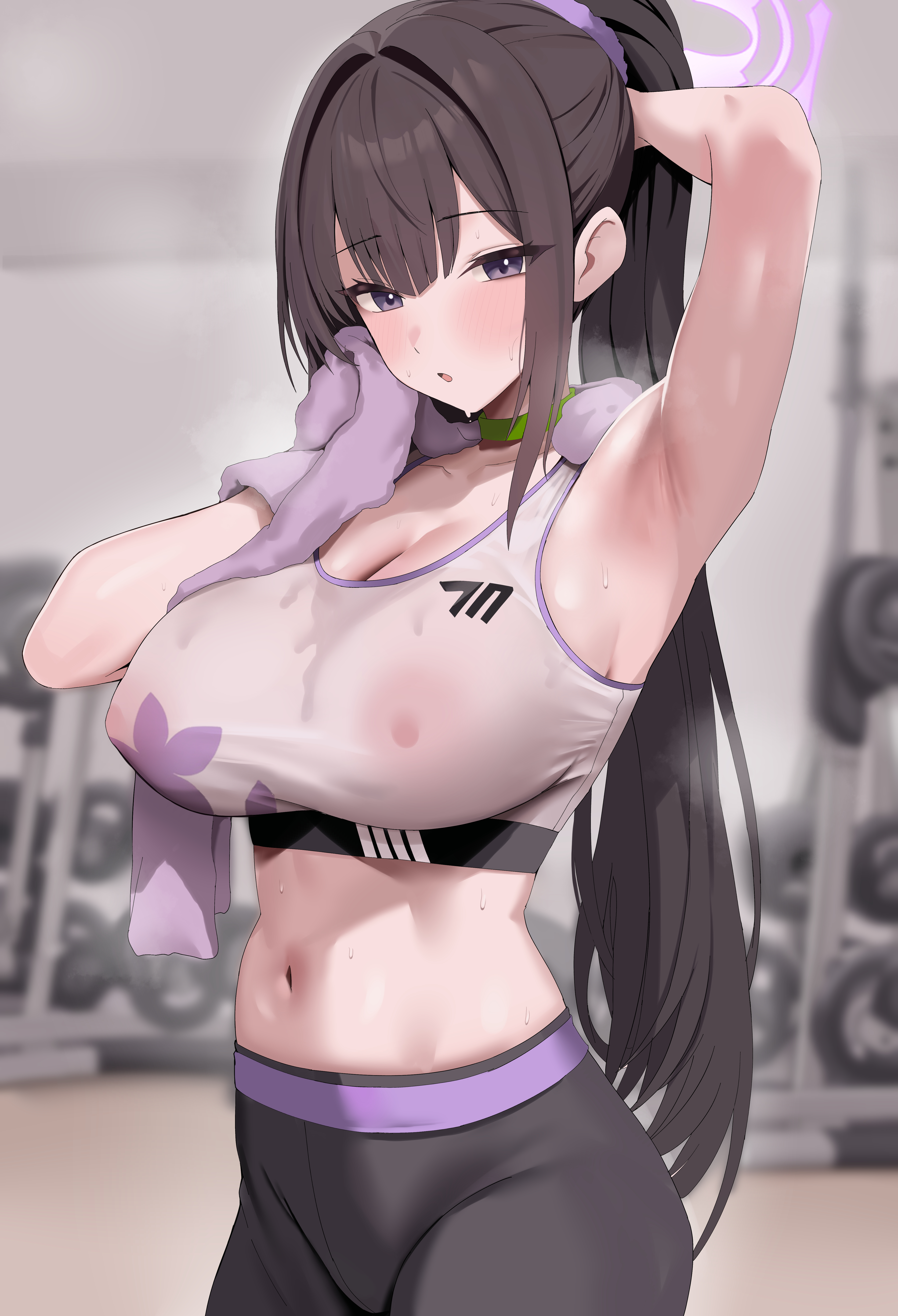 onedoo, sumire (blue archive), blue archive, absurdres, commentary, highres, 1girl, armpits, black choker, black hair, black pants, blurry, blurry background, breasts, choker, covered erect nipples, gym, halo, holding, holding towel, indoors, large breasts, long hair, looking at viewer, midriff, navel, nipples, open mouth, pants, ponytail, purple eyes, purple halo, solo, sports bra, towel, very long hair, white sports bra, wiping sweat, yoga pants