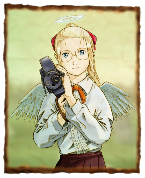 aaru sentou shuudan, hikari (haibane renmei), haibane renmei, 00s, 1girl, blouse, camera, female focus, glasses, halo, movie camera, ribbon, shirt, skirt, solo, traditional halo, wings