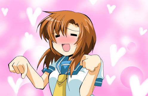 ryuuguu rena, higurashi no naku koro ni, lowres, 00s, 1girl, :d, ^ ^, blush, brown hair, closed eyes, female focus, heart, nose blush, open mouth, sailor collar, school uniform, serafuku, shirt, short hair, short sleeves, smile, solo, take it home, upper body, white shirt