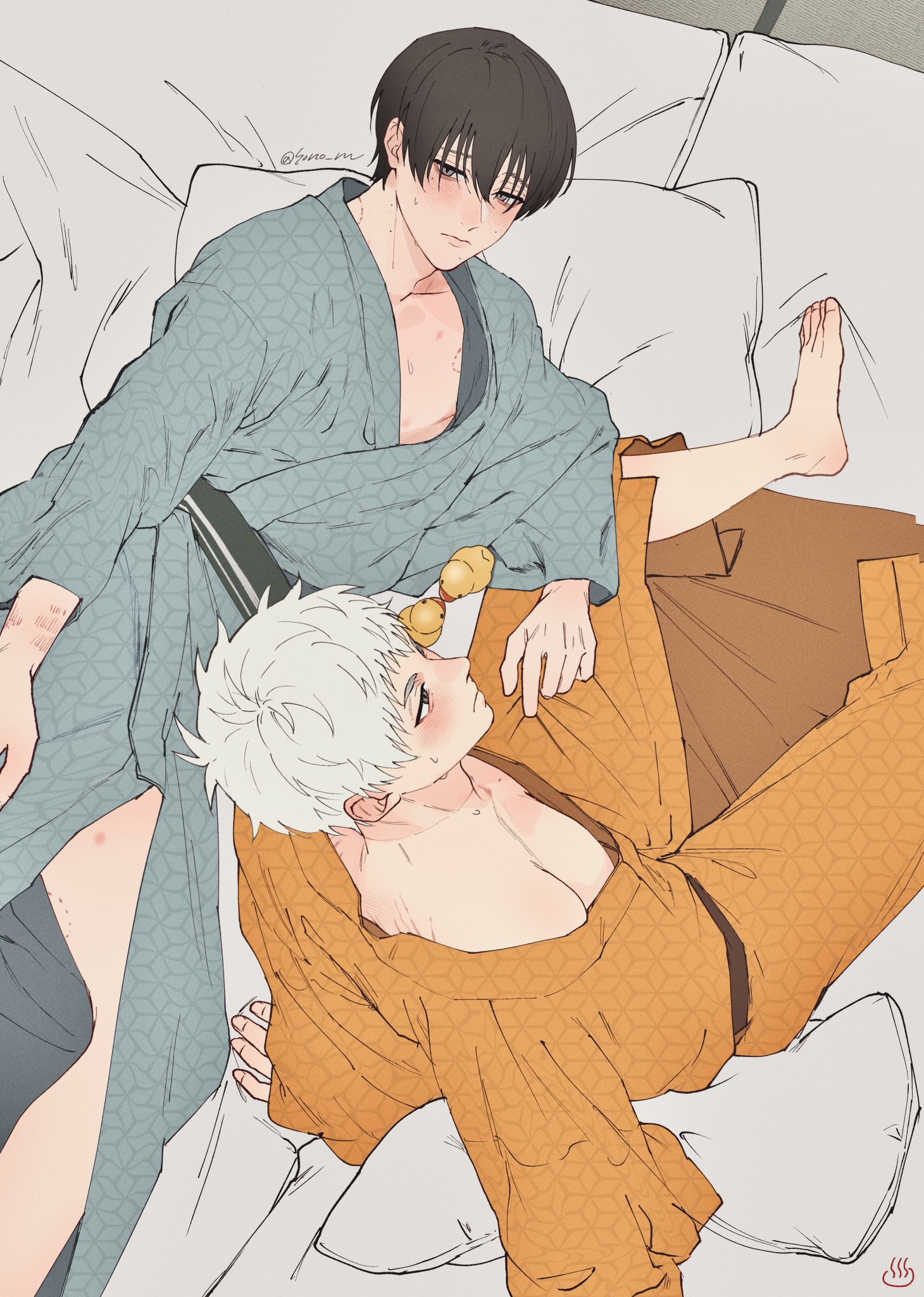 sono nu, indou hikaru, tsujinaka yoshiki, hikaru ga shinda natsu, commentary, highres, symbol-only commentary, 2boys, alternate costume, bite mark, bite mark on chest, bite mark on shoulder, black hair, blush, closed mouth, from above, male focus, mole, mole on cheek, mole on neck, mole under eye, mole under mouth, multiple boys, multiple moles, pillow, short hair, twitter username, white hair