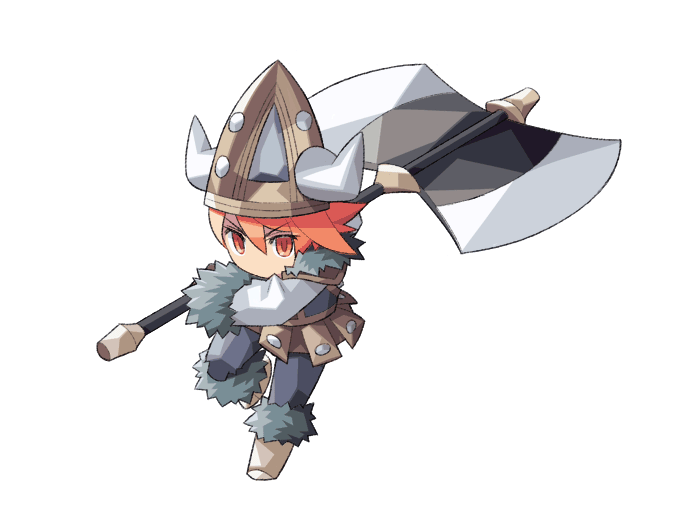 itsumo nokoru, refia, viking (final fantasy), final fantasy, final fantasy iii, square enix, archived source, 1girl, anime coloring, armor, axe, battle axe, boots, bronze headwear, brown boots, brown helmet, deformed, fake horns, full body, fur-trimmed boots, fur-trimmed sleeves, fur sleeve cuffs, fur trim, grey fur, hair between eyes, helmet, holding, holding axe, horned helmet, horns, long hair, long sleeves, no nose, orange eyes, orange hair, pauldrons, running, running towards viewer, shoulder armor, simple background, sleeve cuffs, solo, viking, weapon, white background, white horns, white sleeves