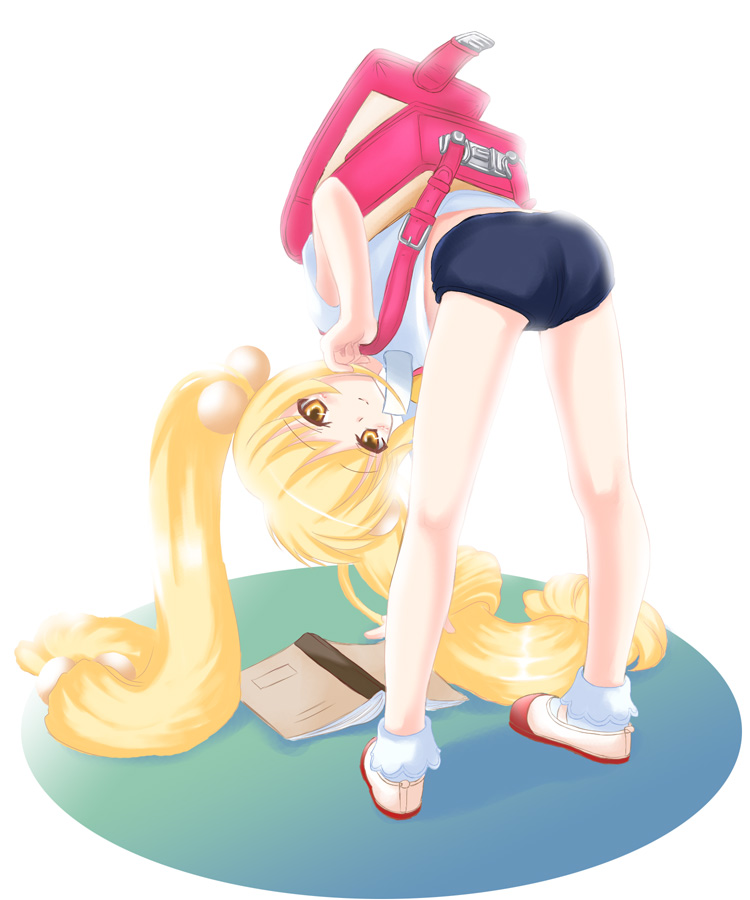 shima-shuu, kokonoe rin, kodomo no jikan, 00s, 1girl, backpack, bag, bent over, book, buruma, female focus, full body, gym uniform, hair bobbles, hair ornament, loli, pinup (style), randoseru, sexually suggestive, shoes, solo, sphere hair ornament, standing, twintails, uwabaki