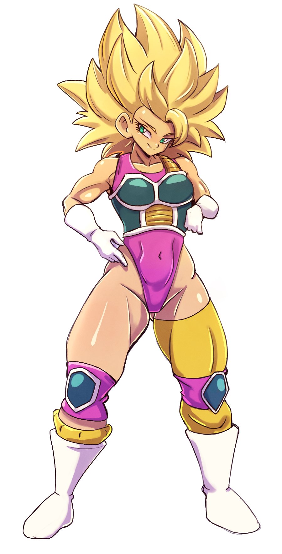 stachewaffle, caulifla, seripa, dragon ball, dragon ball super, copyright request, highres, 1girl, black vest, blonde hair, boots, collarbone, cosplay, crossed legs, dragon ball gekishin squadra, gloves, green eyes, hand on own hip, hand up, invisible chair, knee pads, leotard, looking at viewer, looking to the side, muscular, muscular female, pink leotard, saiyan armor, seripa (cosplay), simple background, sitting, smile, socks, super saiyan, super saiyan 2, thighhighs, vest, white background, white boots, white gloves, yellow socks, yellow thighhighs