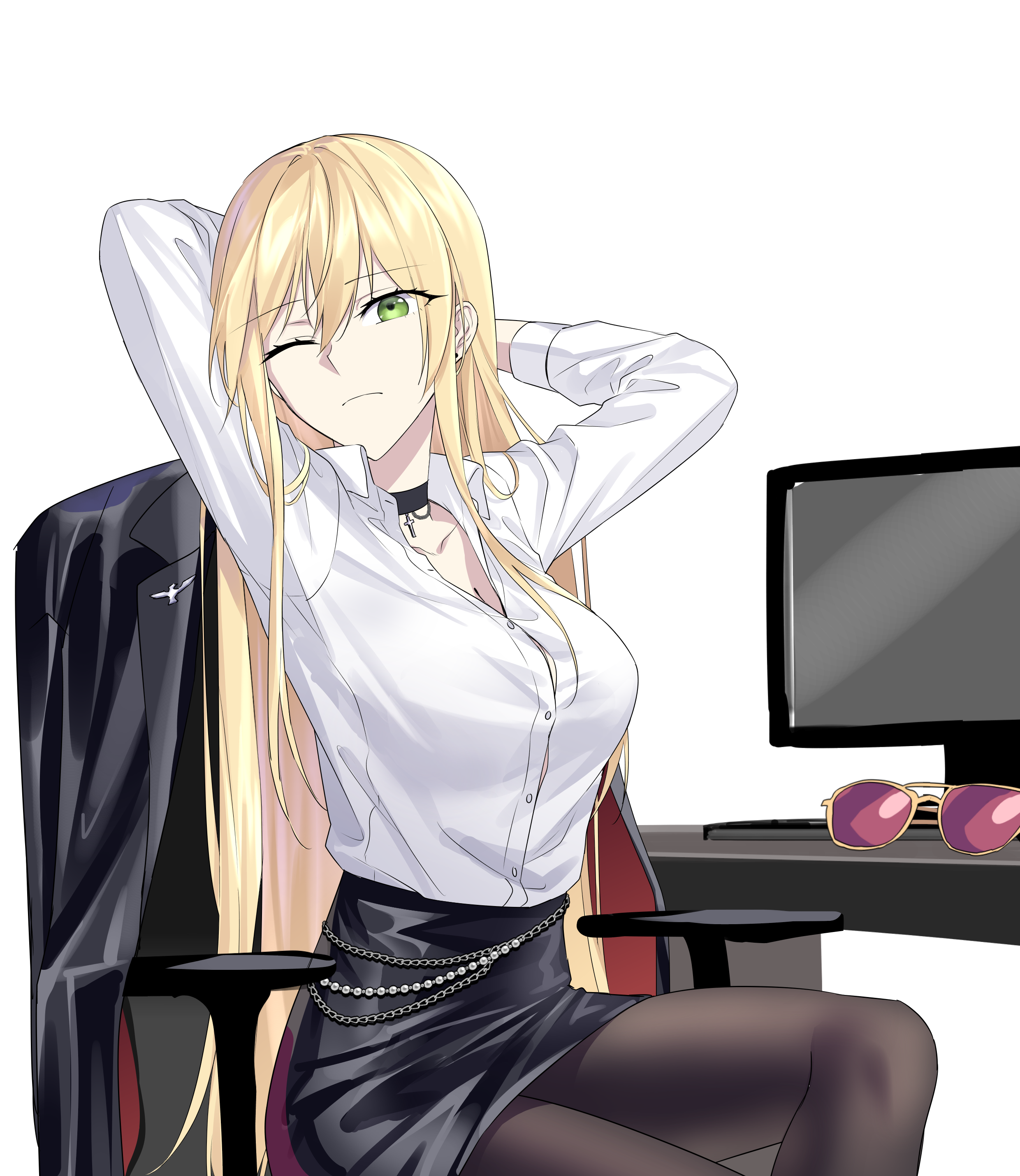 suprii, stg44 (detective's sidekick) (girls' frontline), stg44 (girls' frontline), girls' frontline, absurdres, highres, 1girl, arms behind head, aviator sunglasses, black choker, black jacket, black pantyhose, black skirt, blonde hair, breasts, choker, cleavage, clothes on chair, collarbone, collared shirt, cross, earrings, green eyes, jacket, jewelry, large breasts, long hair, miniskirt, monitor, one eye closed, pantyhose, pencil skirt, shirt, shirt tucked in, sitting, skirt, solo, sunglasses, unworn eyewear, unworn jacket, very long hair, white shirt