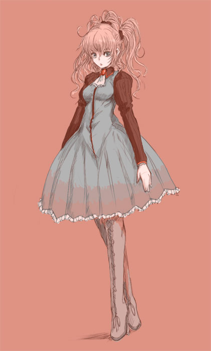 kara (color), original, 1girl, arms at sides, dress, female focus, full body, grey dress, grey pantyhose, long hair, long sleeves, looking at viewer, orange background, pantyhose, pink hair, simple background, solo, standing, twintails, wavy hair