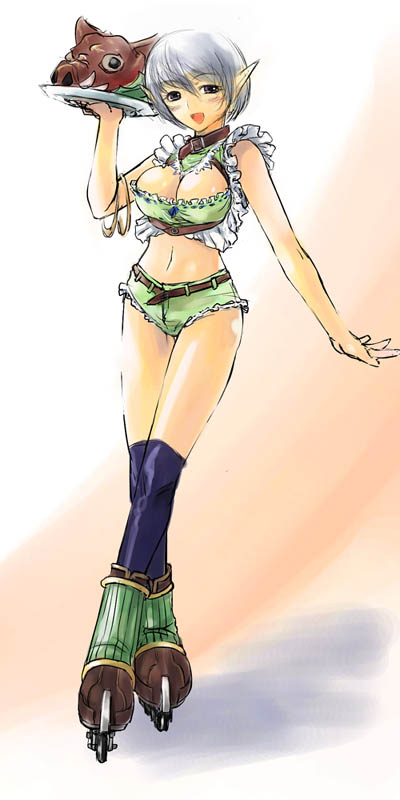 michael f91, original, 1girl, breasts, cleavage, elf, female focus, full body, inline skates, large breasts, pig's head, pointy ears, purple eyes, roller skates, short hair, skates, solo, white hair