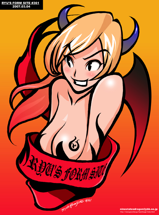 ryu (ryu's form site), tagme, 1girl, dated, demon girl, female focus, gradient background, horns, solo, watermark, web address