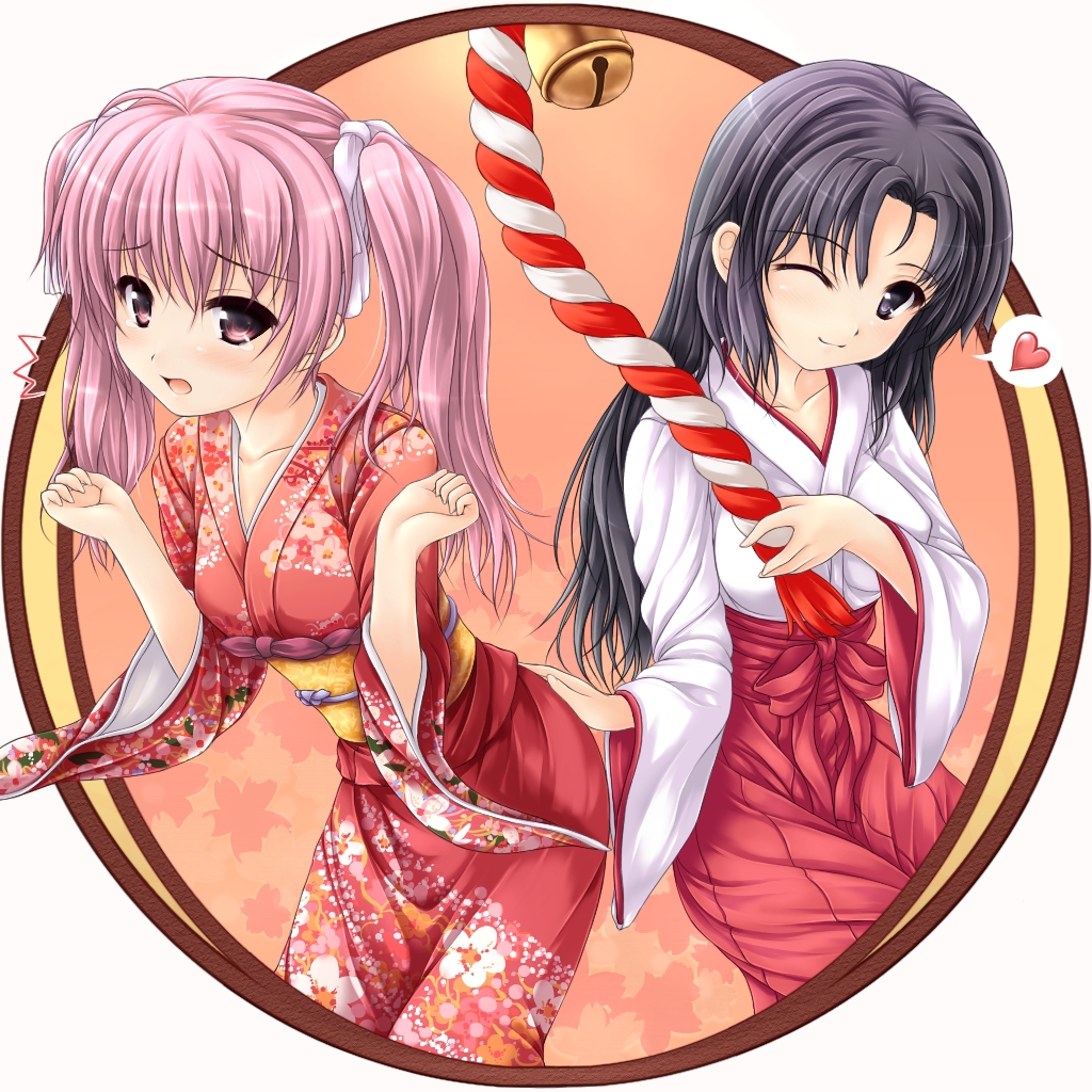 uni8, ass grab, 2girls, ass, black eyes, black hair, hakama, hakama skirt, japanese clothes, kimono, miko, multiple girls, pink eyes, pink hair, red hakama, skirt, twintails