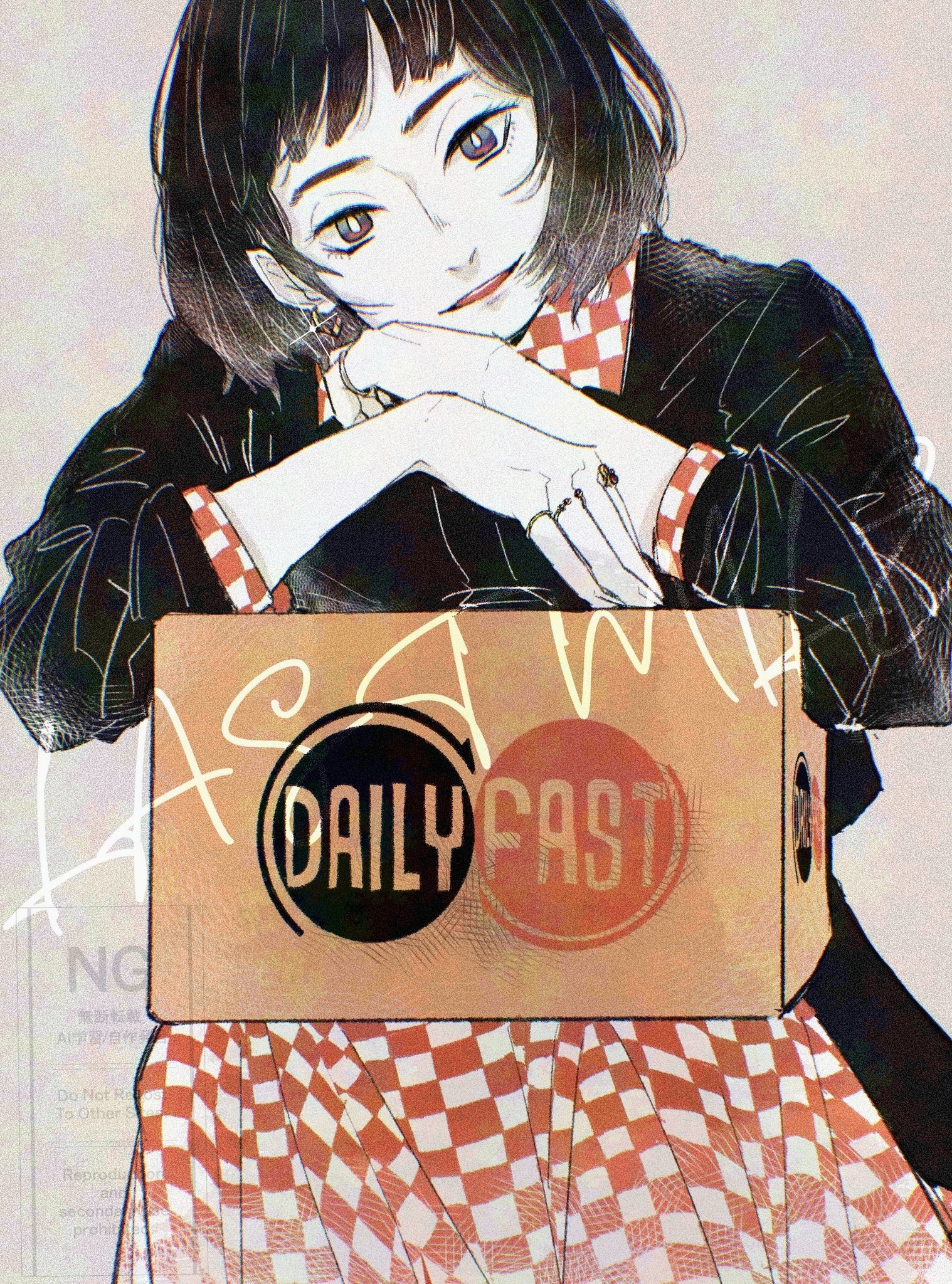 commentary request, highres, 1girl, arm rest, black eyes, black hair, black shirt, box, cardboard box, checkered clothes, checkered dress, colored skin, copyright name, dress, earrings, feet out of frame, funado erena, glint, gol070, gold earrings, head tilt, jewelry, last mile, logo, looking at viewer, multiple rings, open mouth, orange dress, pink background, ring, shirt, short bangs, short hair, simple background, sitting, smile, solo, three-quarter sleeves, two-tone dress, watermark, white dress, white skin