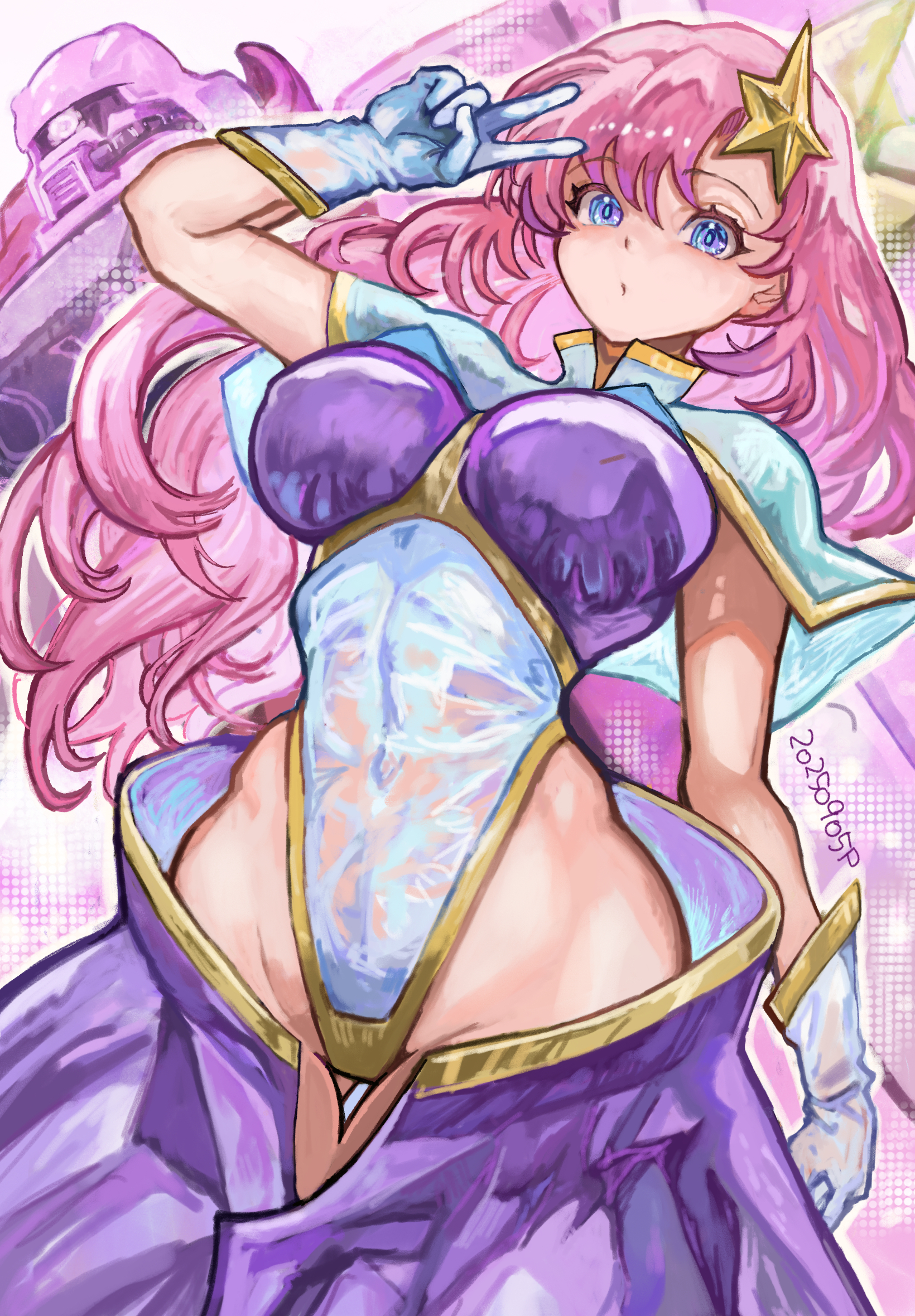okrdisk2000, meer campbell, zaku warrior, zaku warrior concert custom, gundam, gundam seed, gundam seed destiny, commentary, english commentary, highres, 1girl, blue eyes, blush, breasts, dated, gloves, gluteal fold, hair ornament, highleg, highleg leotard, large breasts, leotard, long hair, looking at viewer, mecha, mobile suit, pink hair, robot, skirt, solo, star (symbol), star hair ornament, v, white gloves, white leotard