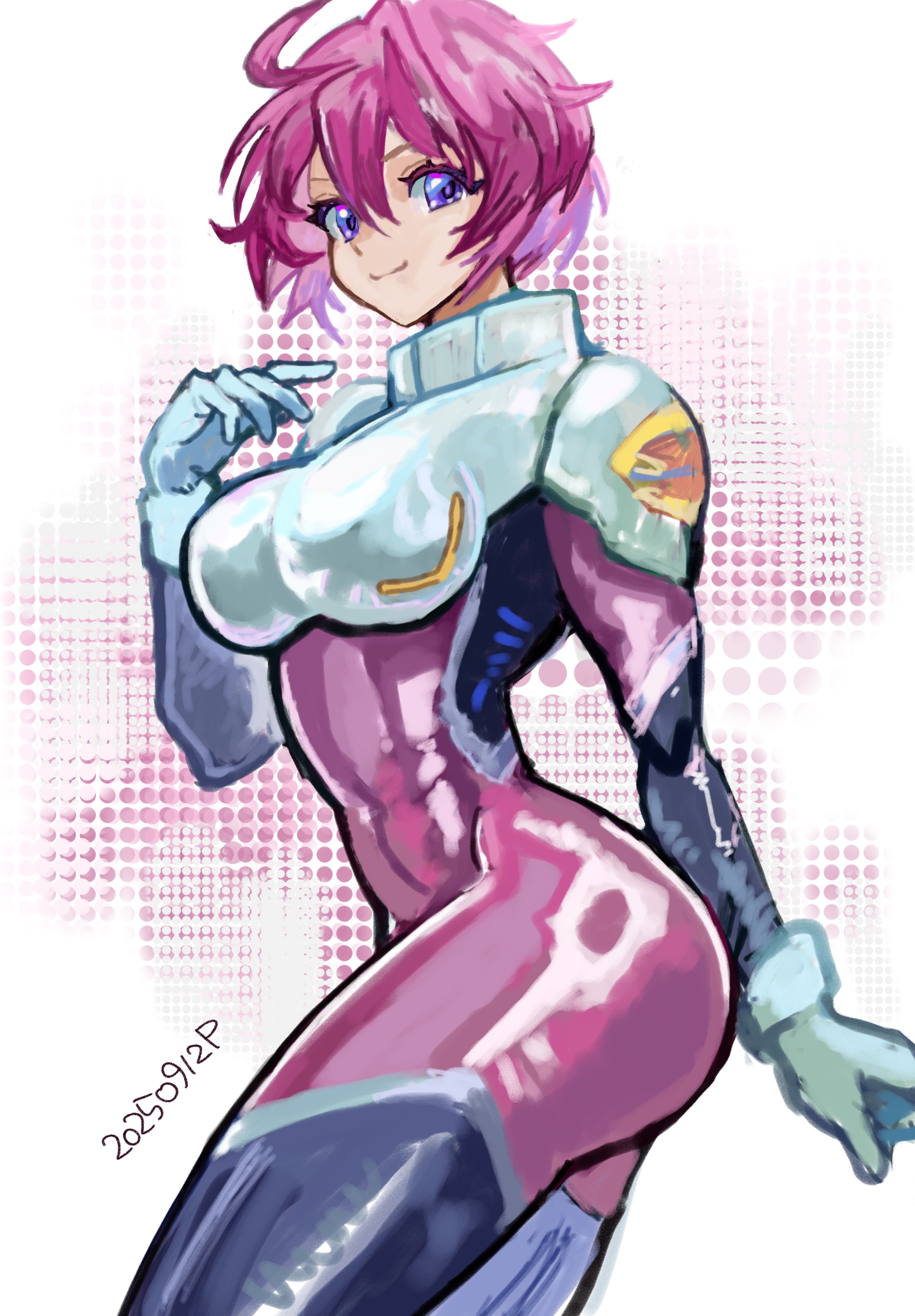 okrdisk2000, lunamaria hawke, gundam, gundam seed, gundam seed destiny, highres, tagme, 1girl, ahoge, breasts, dated, large breasts, mecha pilot suit, purple eyes, red hair, short hair, smile, solo