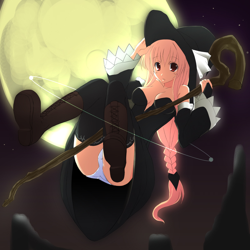 kaneru, hat, moon, panties, pantyshot, solo, staff, thighhighs, underwear, witch, witch hat