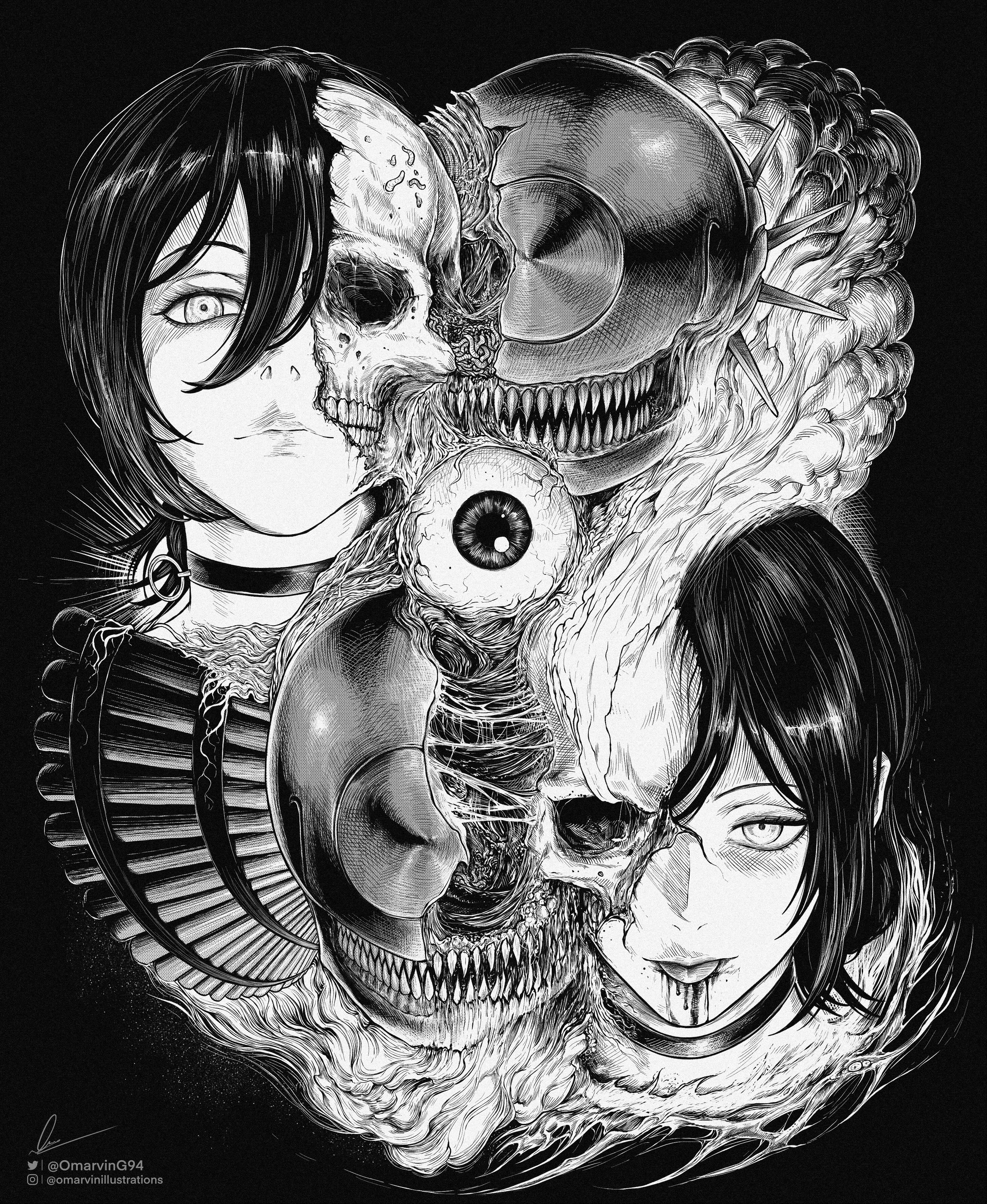 marvin (omarvin), bomb devil (chainsaw man), reze (chainsaw man), chainsaw man, absurdres, highres, 2girls, artist name, blood, blood on face, choker, closed mouth, eyeball, grenade pin, greyscale, hair between eyes, looking at viewer, medium hair, monochrome, multiple girls, sharp teeth, signature, skull, teeth, tongue