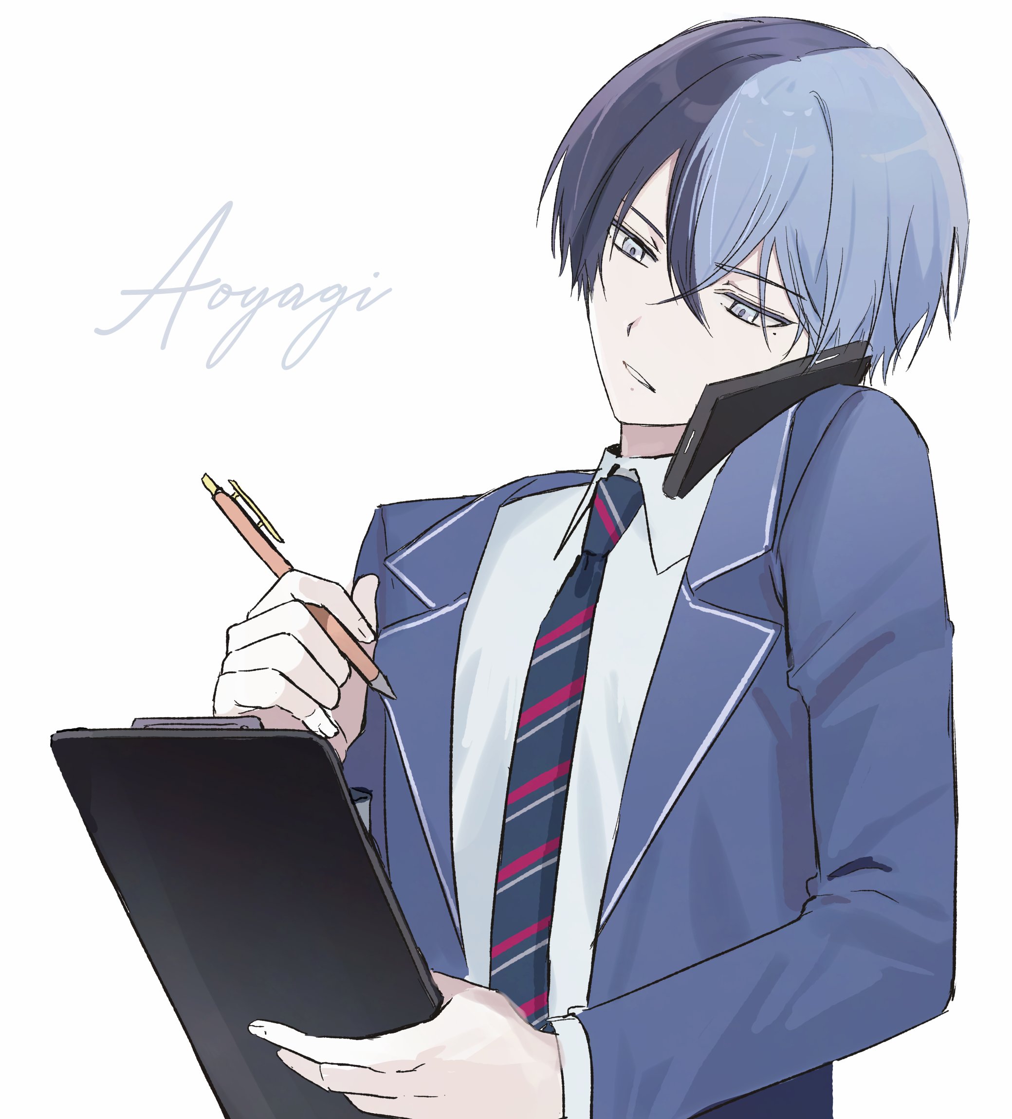 natsukusa (hacho129), aoyagi touya, project sekai, hashtag-only commentary, highres, 1boy, blazer, blue hair, blue jacket, cellphone, character name, clipboard, cradling phone, diagonal-striped clothes, diagonal-striped necktie, hand up, holding, holding clipboard, holding pen, jacket, kamiyama high school uniform (project sekai), lapels, long sleeves, male focus, mole, mole under eye, multicolored hair, necktie, notched lapels, open clothes, open jacket, parted lips, pen, phone, school uniform, short hair, simple background, smartphone, solo, split-color hair, striped clothes, two-tone hair, upper body, white background